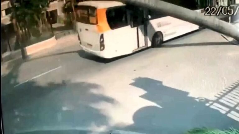 VEJA VÍDEO – Imagens mostram árvore caindo em cima de ônibus