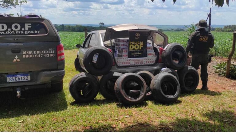 Vídeo – Veículo com cigarros e pneus ilegais é apreendido pelo DOF em Ponta Porã