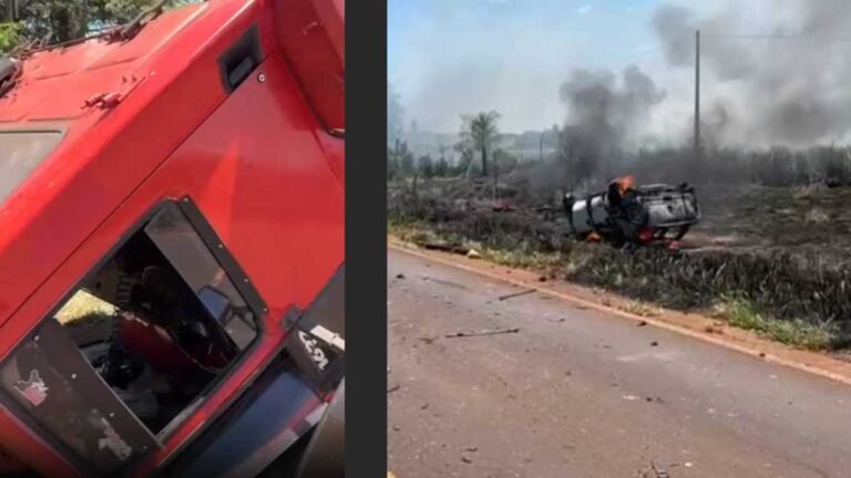 Trabalhadores resgatam casal e bebê de um mês de dentro de carro em chamas em acidente na BR-376