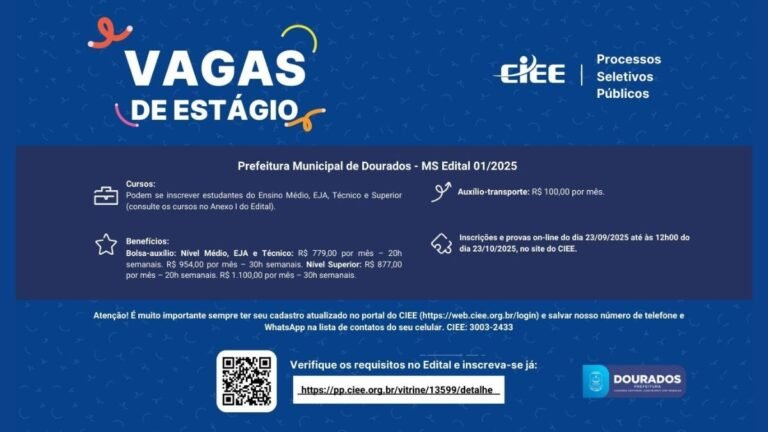 Prefeitura recebe inscrições para estágio de estudantes com bolsa de até R$ 1,1 mil