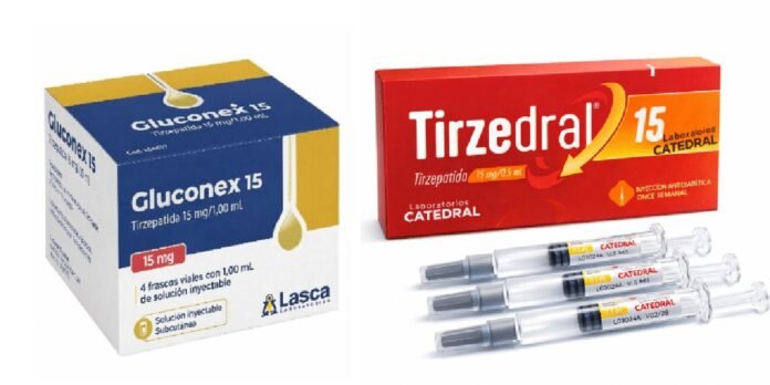 Two pharmaceutical boxes side by side: Gluconex 15 on the left and Tirzedral 15 on the right, with four syringes next to the red box, showing injectable meds are present in both.