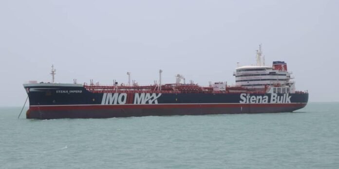 Large tanker ship with 'Stena Bulk' branding sailing on calm sea.