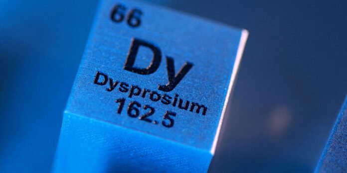 Close-up of a blue metal plaque reading Dy (Dysprosium), atomic number 66 and atomic mass 162.5.