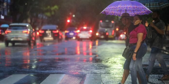 Two pedestrians cross a rain-wet city street under umbrellas at night, car lights reflecting off the pavement.