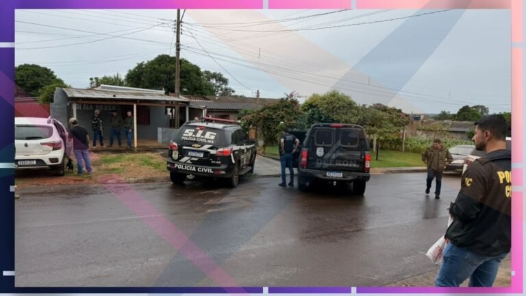 Police cars and officers block a residential street after a call, with a small group standing near a house on a wet road.