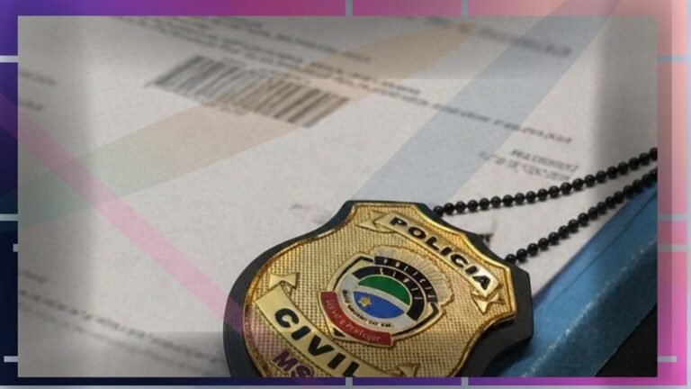 Close-up of a gold police badge on a beaded chain resting on papers and a blue desk edge.