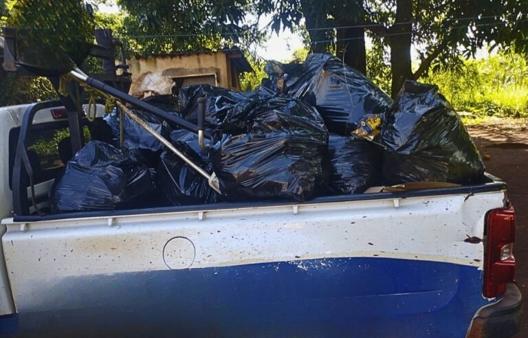 White pickup bed loaded with tied black trash bags under trees, ready for disposal.