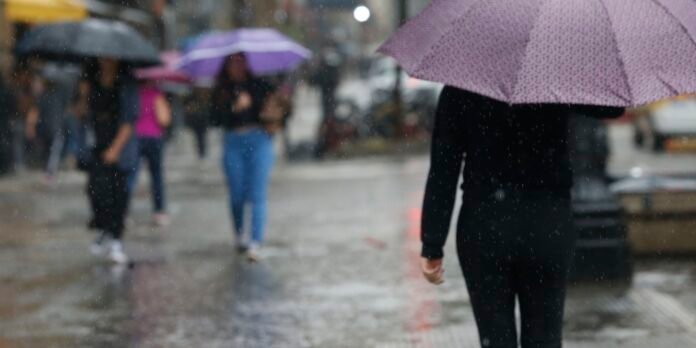 Person wearing black clothing stands with a purple umbrella on a rainy city street; wet pavement and other blurred pedestrians with umbrellas in the background.