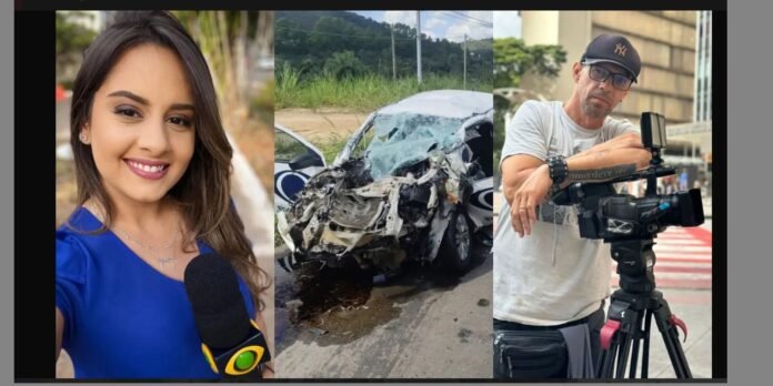Left: female reporter smiling with a microphone; center: severely damaged car crash; right: cameraman with professional video rig on a street.