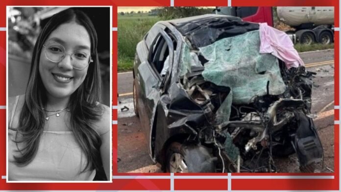 Split image: left panel shows a smiling young woman with glasses; right panel shows a severely damaged car after a crash.