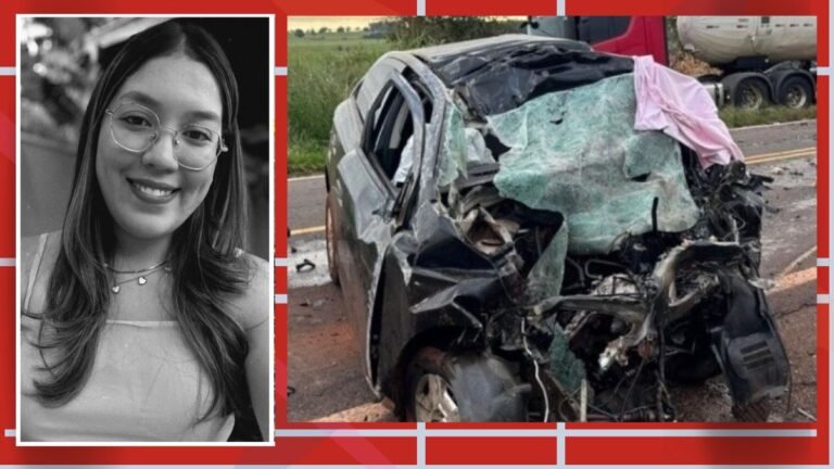 Split image: left panel shows a smiling young woman with glasses; right panel shows a severely damaged car after a crash.