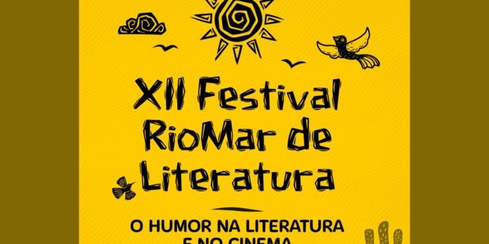 Poster for XII Festival Riomar de Literatura on a yellow background with sun, birds, butterfly; theme: humor in literature and cinema.