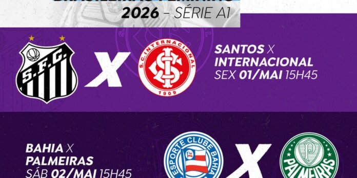 Banner announcing 2026 Série A matchups: Santos vs Internacional and Bahia vs Palmeiras with logos and dates/times visible, purple backgrounds.