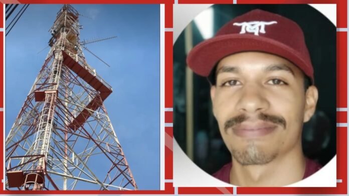 Tall radio transmission tower against a blue sky, beside a close-up portrait of a man wearing a red cap.