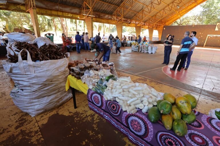 Community food distribution event in a covered gym with large sacks of produce and tables of fruits and vegetables for visitors to pick up or purchase on a sunny day.