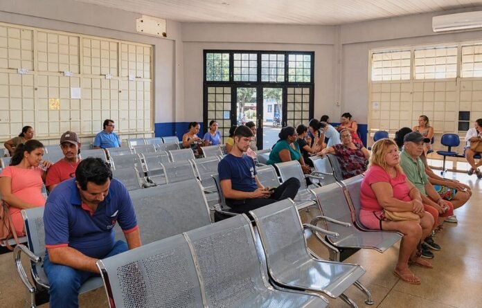 People sit in a spacious waiting room with metal benches and large windows, some chatting while others look at phones.