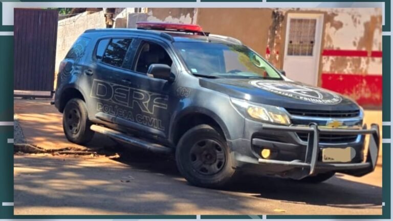 Dark gray Polícia Civil DERF SUV with front bull bars parked on a curb, red emergency light bar on top, in an urban street scene.