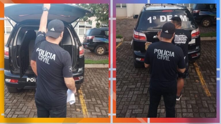 Polícia Civil officer opens the trunk of a dark SUV, holding a rolled document in a parking lot (left panel).
