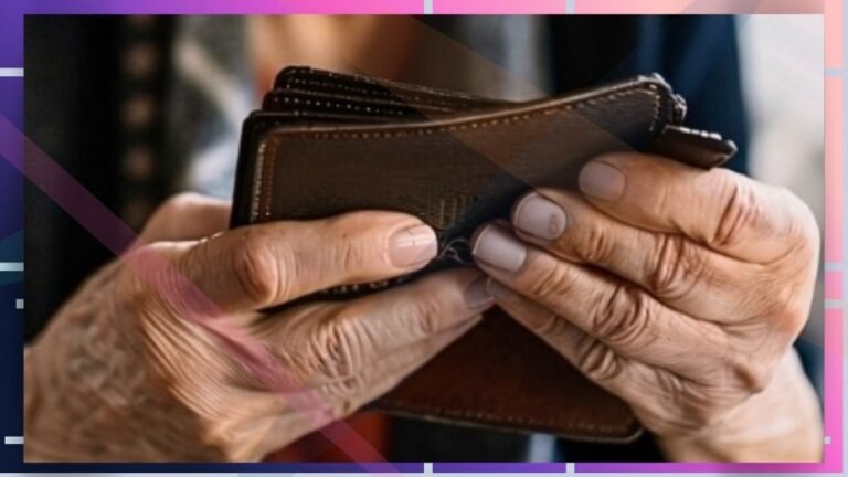 Close-up of wrinkled hands holding a brown leather wallet, concentrating on the wallet clasp.