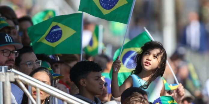 Young girl holding a Brazil flag among a crowd at a parade or public event, with other spectators nearby