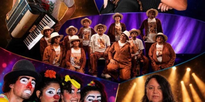 Group of performers in brown outfits and hats posing on a colorful stage, with clowns in makeup and an accordion player visible in the background.