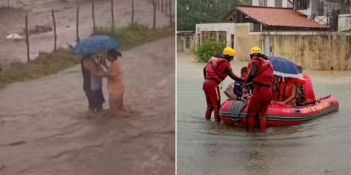 A flooded scene: left shows a couple under a blue umbrella amid rising water; right shows rescuers in red gear guiding a person from a boat.