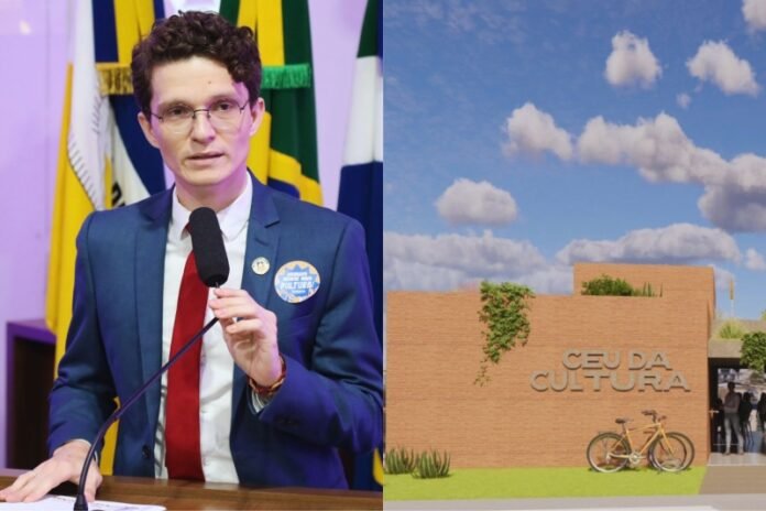 Split image: left a man in a blue suit at a podium speaking into a microphone; right a brick cultural center with a bicycle and a 'CEU DA CULTURA' sign under a blue sky.