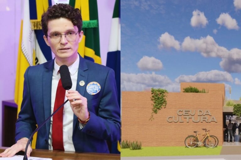 Split image: left a man in a blue suit at a podium speaking into a microphone; right a brick cultural center with a bicycle and a 'CEU DA CULTURA' sign under a blue sky.