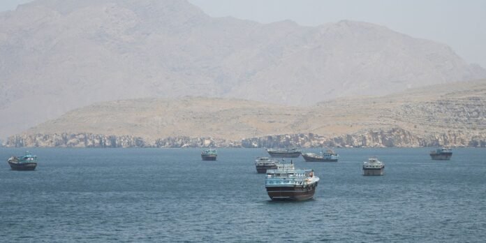 Multiple boats floating on a calm blue sea with a rocky, desert coastline and distant pale mountains in the background.