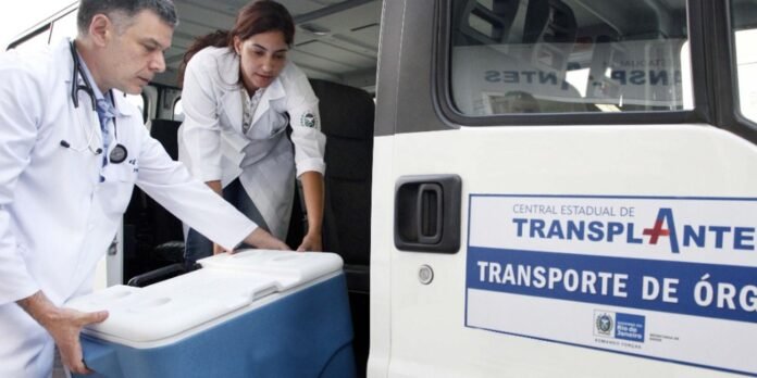Two medical professionals in white coats load a white cooler into an organ‑transport van marked Transporte de Órganos/Transporte de Órganos on the side panel.