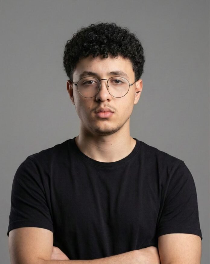 Portrait of a young man with curly hair and round glasses, wearing a black T-shirt, arms crossed against a gray backdrop.