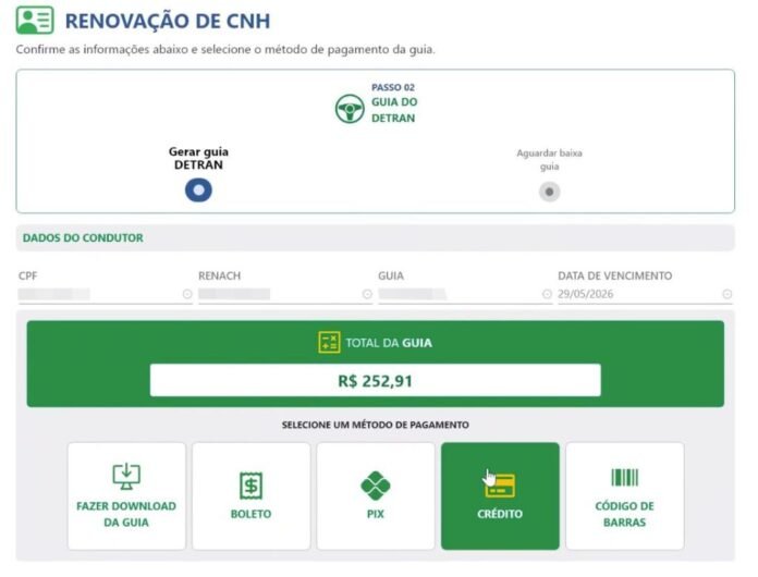 Tela de renovação da CNH mostrando o valor total de R$ 252,91 e opções de pagamento (boleto, PIX, crédito, código de barras) .Aba com dados do motorista e botão de download da guia.