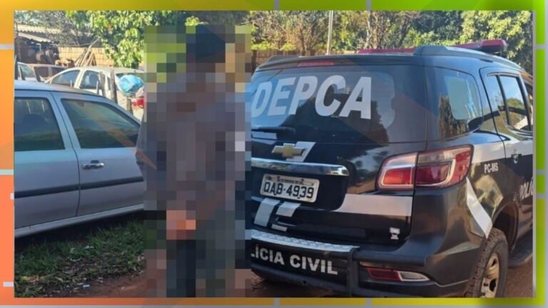 Blurry person standing beside a Brazilian Polícia Civil SUV in a dirt lot, text DEOPCA on window.