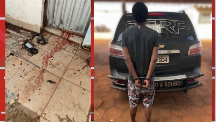 Left panel shows a tiled floor stained with red liquid and tangled electric cords near a doorway. Right panel shows a man in handcuffs standing behind a black SUV with a visible license plate and a damaged rear bumper.