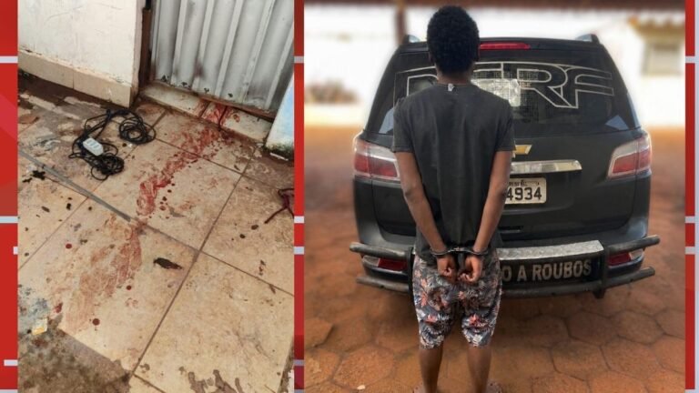 Left panel shows a tiled floor stained with red liquid and tangled electric cords near a doorway. Right panel shows a man in handcuffs standing behind a black SUV with a visible license plate and a damaged rear bumper.