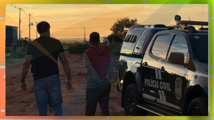 Two men walk away along a dirt road at sunset, with a Polícia Civil pickup parked to the right.