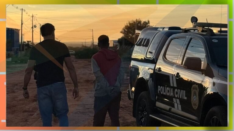 Two men walk away along a dirt road at sunset, with a Polícia Civil pickup parked to the right.
