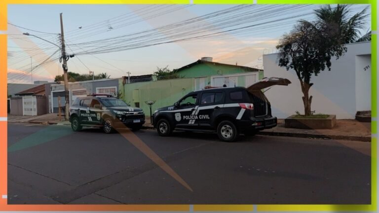 Two Polícia Civil SUVs parked on a residential street, one with its trunk open, during early evening light.