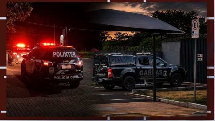 Polícia Civil and POLINTER police vehicles with red flashing lights in a parking lot at dusk/sunset.