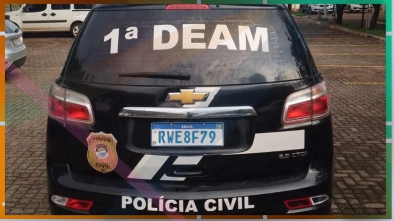 Back of a black Chevrolet SUV displaying '1ª DEAM' on the rear window with a POLÍCIA CIVIL badge on the left bumper and the Brazilian license plate RWE8F79, parked in a lot