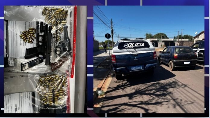 Two-panel image: left shows a handgun, magazines and numerous bullets in plastic bags; right shows a Polícia Militar SUV parked on a sunny street beside a dark car.