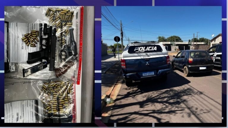 Two-panel image: left shows a handgun, magazines and numerous bullets in plastic bags; right shows a Polícia Militar SUV parked on a sunny street beside a dark car.
