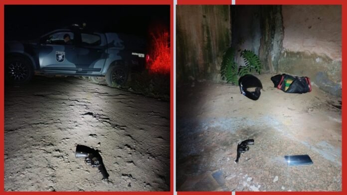 Two-panel night scene: left shows a police pickup with red light and a handgun on cracked ground; right shows a handgun, a helmet, a bag, and a tablet on dirt near a wall.