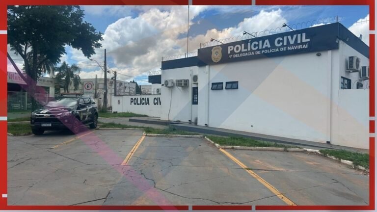 Exterior of Polícia Civil building with blue signage, a police SUV in the parking lot, and barbed-wire fencing on the roof.