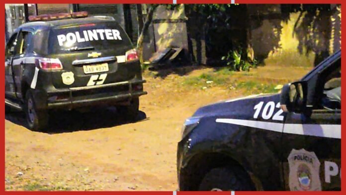 Two police SUVs parked on a dusty lot; the rear vehicle displays 'POLINTER' on the back window, with police badges visible on the sides.