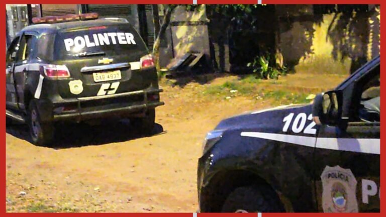 Two police SUVs parked on a dusty lot; the rear vehicle displays 'POLINTER' on the back window, with police badges visible on the sides.