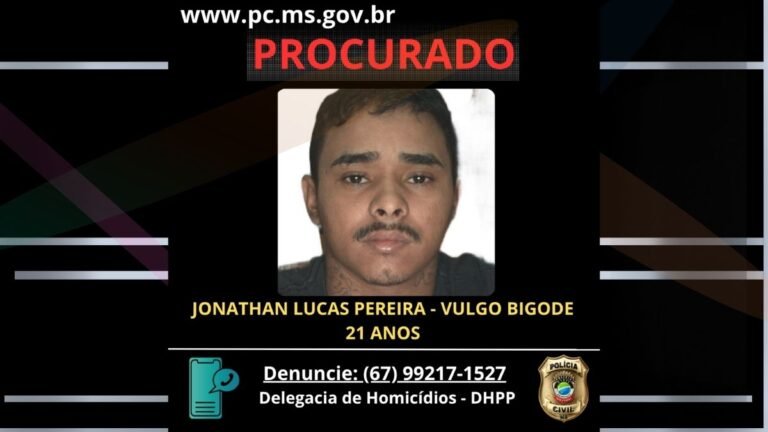 Wanted poster for Jonathan Lucas Pereira, alias Bigode, 21, with 'PROCURADO' banner and DHPP reporting number (67) 99217-1527.