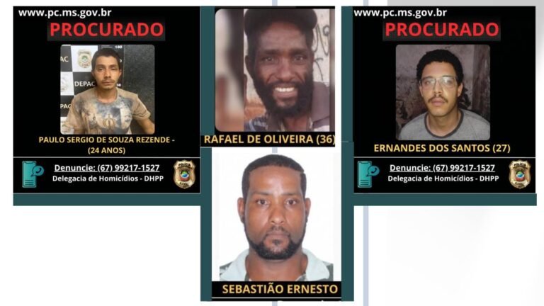 Collage of three 'PROCURADO' posters from pc.ms.gov.br showing suspects' photos and names: Paulo Sérgio de Souza Rezende (24), Rafael de Oliveira (36), Ernandes dos Santos (27), plus a bottom poster reading Sebastião Ernesto.