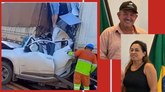 Collage showing a white SUV heavily damaged against a truck with an emergency worker in orange safety gear assisting at the scene, plus two portrait photos of a man in a brown cap and a woman in a black sleeveless top against a red background.