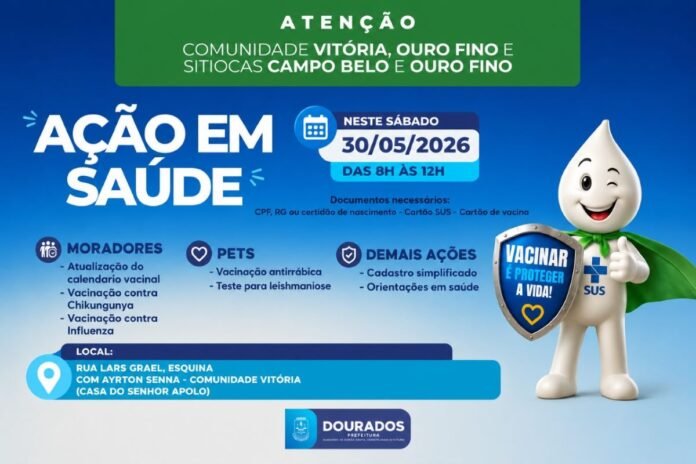 Poster anunciação de ações de saúde: data 30/05/2026, 8h-12h, vacinação e informações para moradores e pets em Vitória/Campo Belo, com mascote de gota sorridente e escudo SUS ao lado.